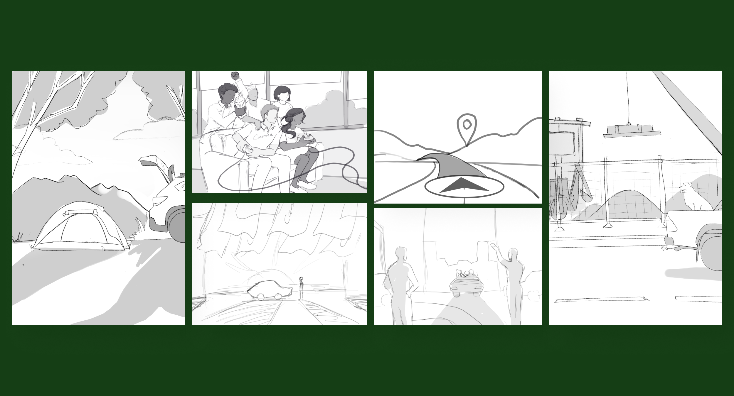 Storyboard of pencil sketches exploring illustration concepts and layouts.